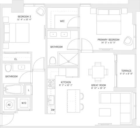 Floor plan 2 Bed/ 2 Bath-B2, 2 beds · 2 baths · 1,108 sf