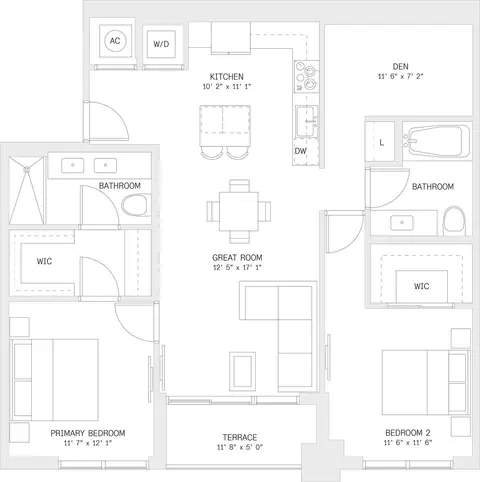 Floor plan 2 Bed/ 2 Bath Den-B7, 2 beds · 2 baths