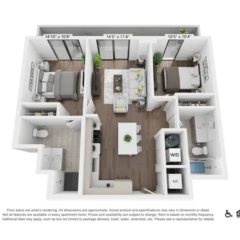 Floor plan B2, 2 beds · 2 baths · 943 sf
