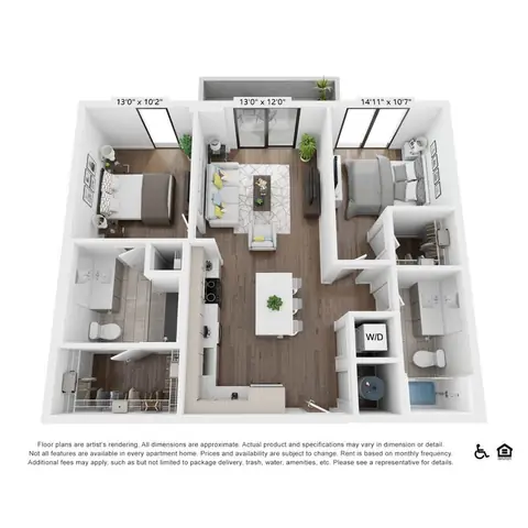 Floor plan B1, 2 beds · 2 baths · 980 sf