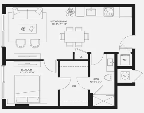 Floor plan A5, 1 bed · 1 bath · 721 sf