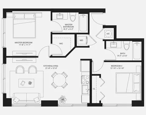Floor plan B1, 2 beds · 2 baths · 869 sf