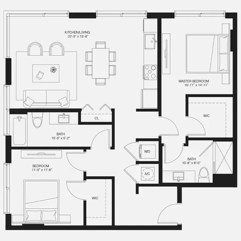 Floor plan B5, 2 beds · 2 baths · 1,113 sf