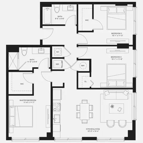 Floor plan C1, 3 beds · 2 baths · 1,281 sf