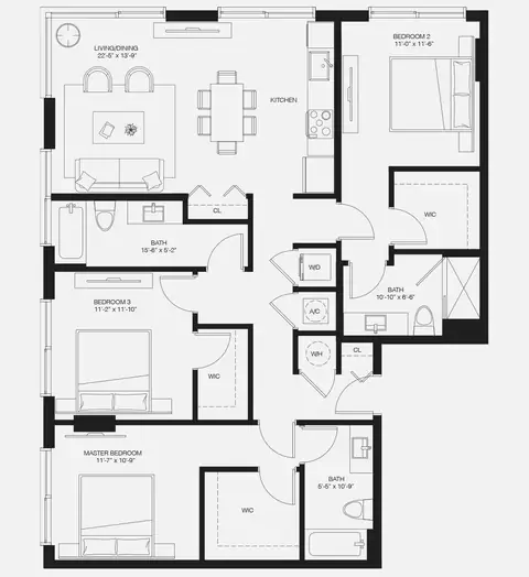 Floor plan C5, 3 beds · 3 baths · 1,422 sf