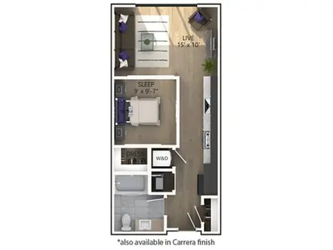 Floor plan E1, Studio · 1 bath · 530 to 536 sf