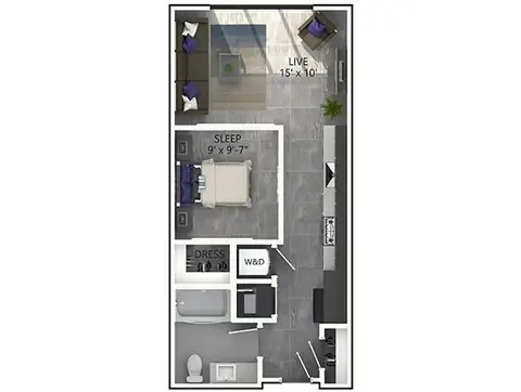 Floor plan E1P, Studio · 1 bath · 534 to 536 sf