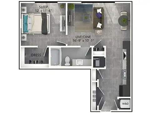 Floor plan A2P, 1 bed · 1 bath · 680 sf