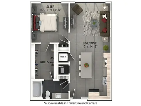 Floor plan A3, 1 bed · 1 bath · 718 to 799 sf