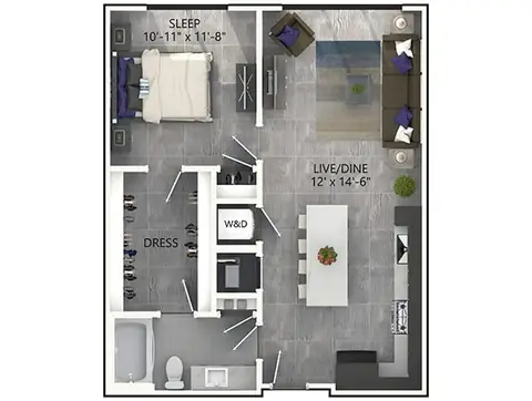 Floor plan A3P, 1 bed · 1 bath · 718 to 799 sf