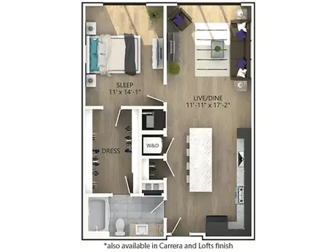 Floor plan A4, 1 bed · 1 bath · 804 to 886 sf