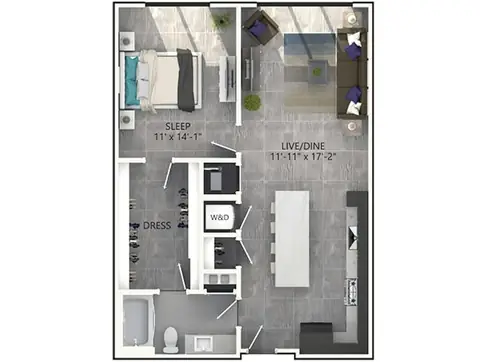 Floor plan A4P, 1 bed · 1 bath · 804 to 886 sf