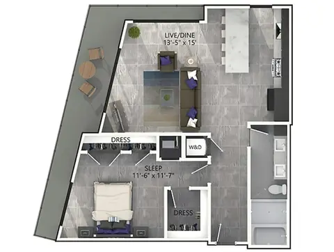 Floor plan A5P, 1 bed · 1 bath · 900 sf