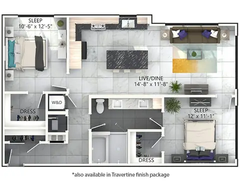 Floor plan B5, 2 beds · 1 bath · 1,006 to 1,033 sf