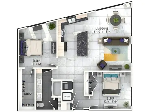 Floor plan B6, 2 beds · 1 bath · 1,166 sf