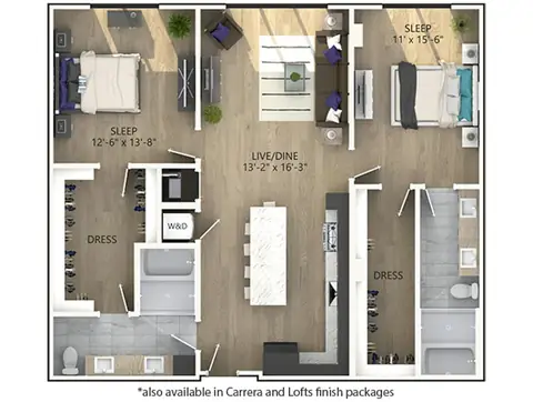 Floor plan C7, 2 beds · 2 baths · 1,302 to 1,396 sf