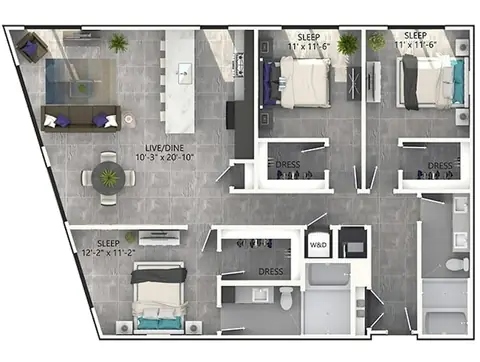 Floor plan D6P, 3 beds · 2 baths · 1,509 to 1,564 sf