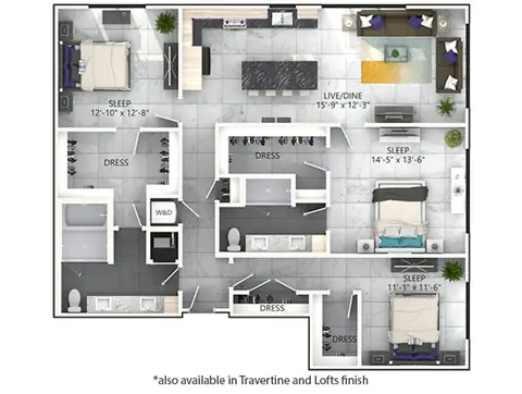 Floor plan D7, 3 beds · 2 baths · 1,611 to 1,665 sf