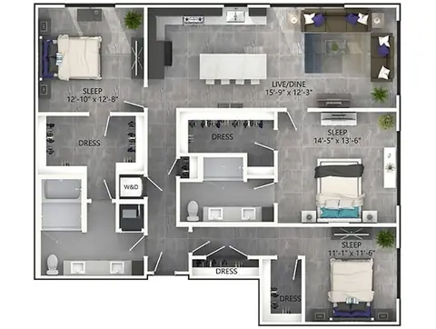 Floor plan D7P, 3 beds · 2 baths · 1,611 sf