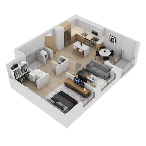 Floor plan A-2E, 1 bed · 1 bath · 738 sf