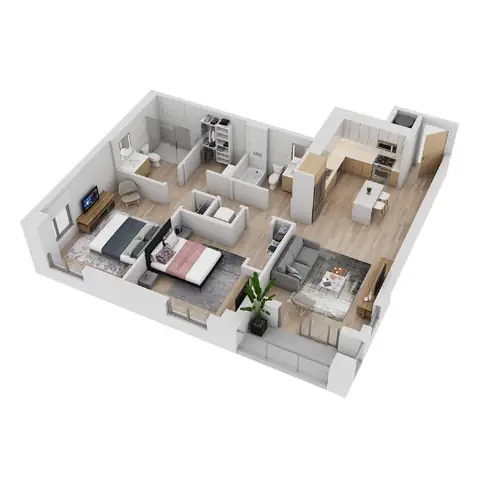 Floor plan B-1, 2 beds · 2 baths · 1,106 sf