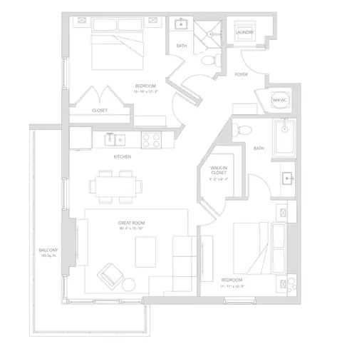 Floor plan B2, 2 beds · 2 baths · 1,027 sf