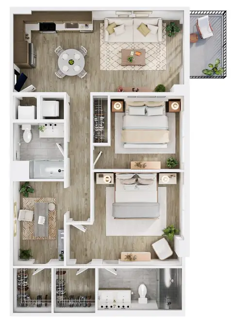 Floor plan B2 Den, 2 beds · 2 baths · 1,171 sf