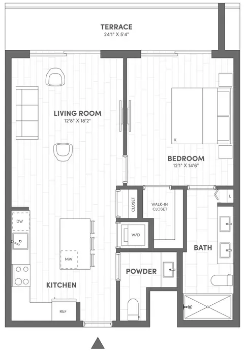 Floor plan 1 Bed-1.5 Bath-B1.A, 1 bed · 1.5 baths