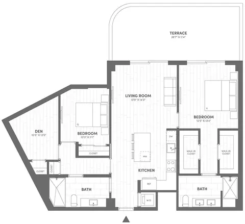 Floor plan 2 Bed-2 Bath Den-E1.1, 2 beds · 2 baths · 1,281 sf