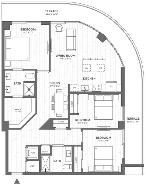 Floor plan 3 Bed-2 Bath-F.1, 3 beds · 2 baths · 1,316 sf