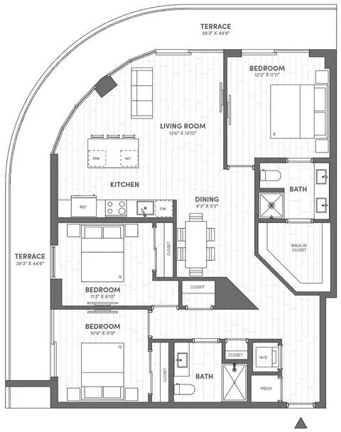 Floor plan 3 Bed-2 Bath-F, 3 beds · 2 baths · 1,342 sf