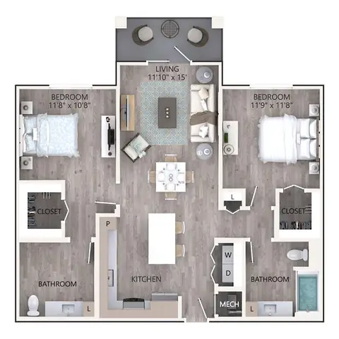 Floor plan B4A, 2 beds · 2 baths · 1,096 sf