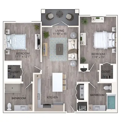 Floor plan B1, 2 beds · 2 baths · 1,100 sf