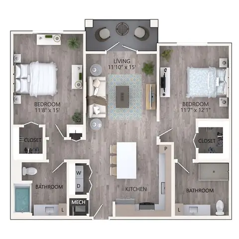 Floor plan B1B, 2 beds · 2 baths · 1,118 sf