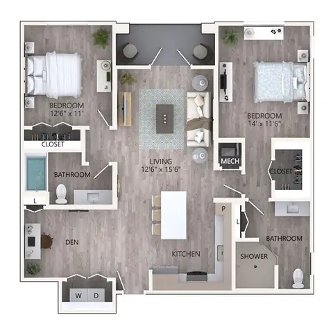 Floor plan B2, 2 beds · 2 baths · 1,244 sf