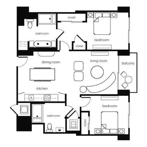Floor plan B2, 2 beds · 2 baths · 1,106 sf