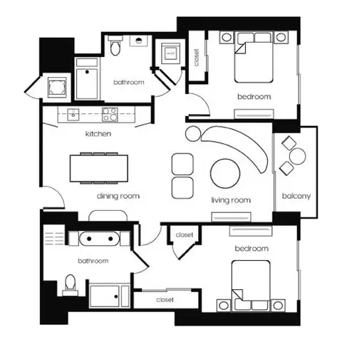 Floor plan B1, 2 beds · 2 baths · 1,168 sf