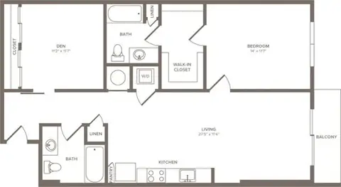 Floor plan A07D, 1 bed · 2 baths