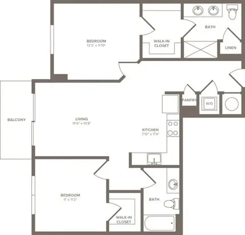 Floor plan B03, 2 beds · 2 baths · 983 sf