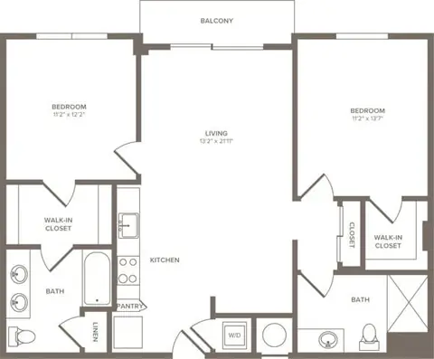 Floor plan B02, 2 beds · 2 baths · 1,043 sf