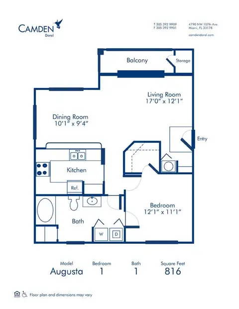 Floor plan Augusta, 1 bed · 1 bath · 816 sf