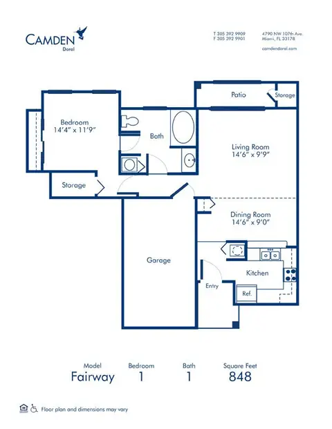 Floor plan Fairway, 1 bed · 1 bath · 848 sf