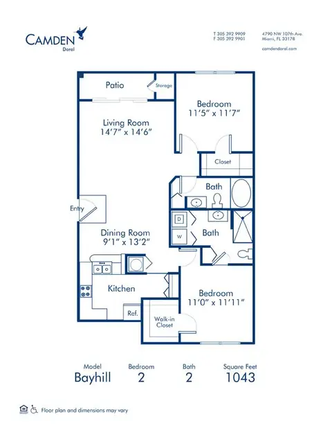 Floor plan Bayhill, 2 beds · 2 baths · 1,043 sf