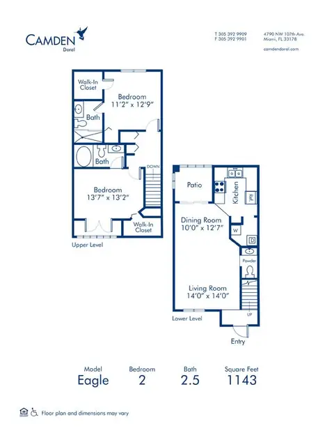Floor plan Eagle, 2 beds · 2.5 baths · 1,143 sf