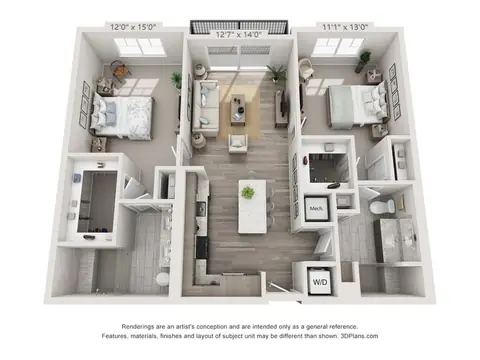 Floor plan Crescendo C, 2 beds · 2 baths · 1,166 sf