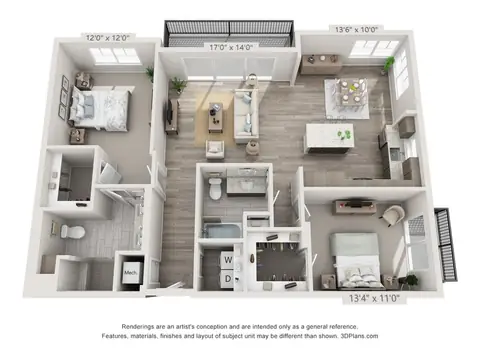 Floor plan Symphony D, 2 beds · 2 baths · 1,357 sf