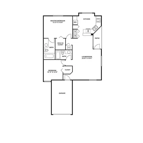 Floor plan B1, 2 beds · 2 baths · 1,108 sf
