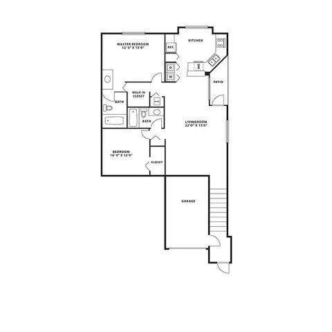 Floor plan B2, 2 beds · 2 baths · 1,238 sf