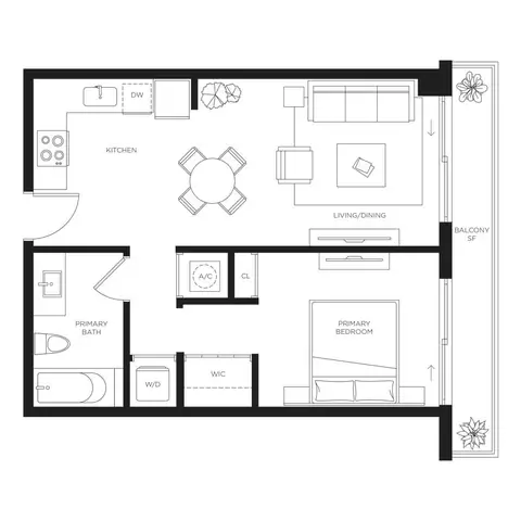 Floor plan A1, 1 bed · 1 bath · 580 sf