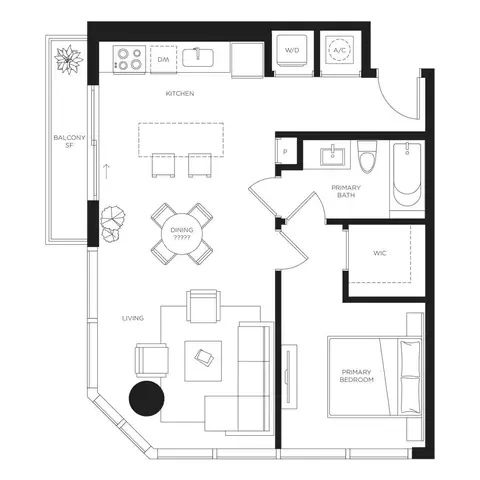 Floor plan A2, 1 bed · 1 bath · 677 sf